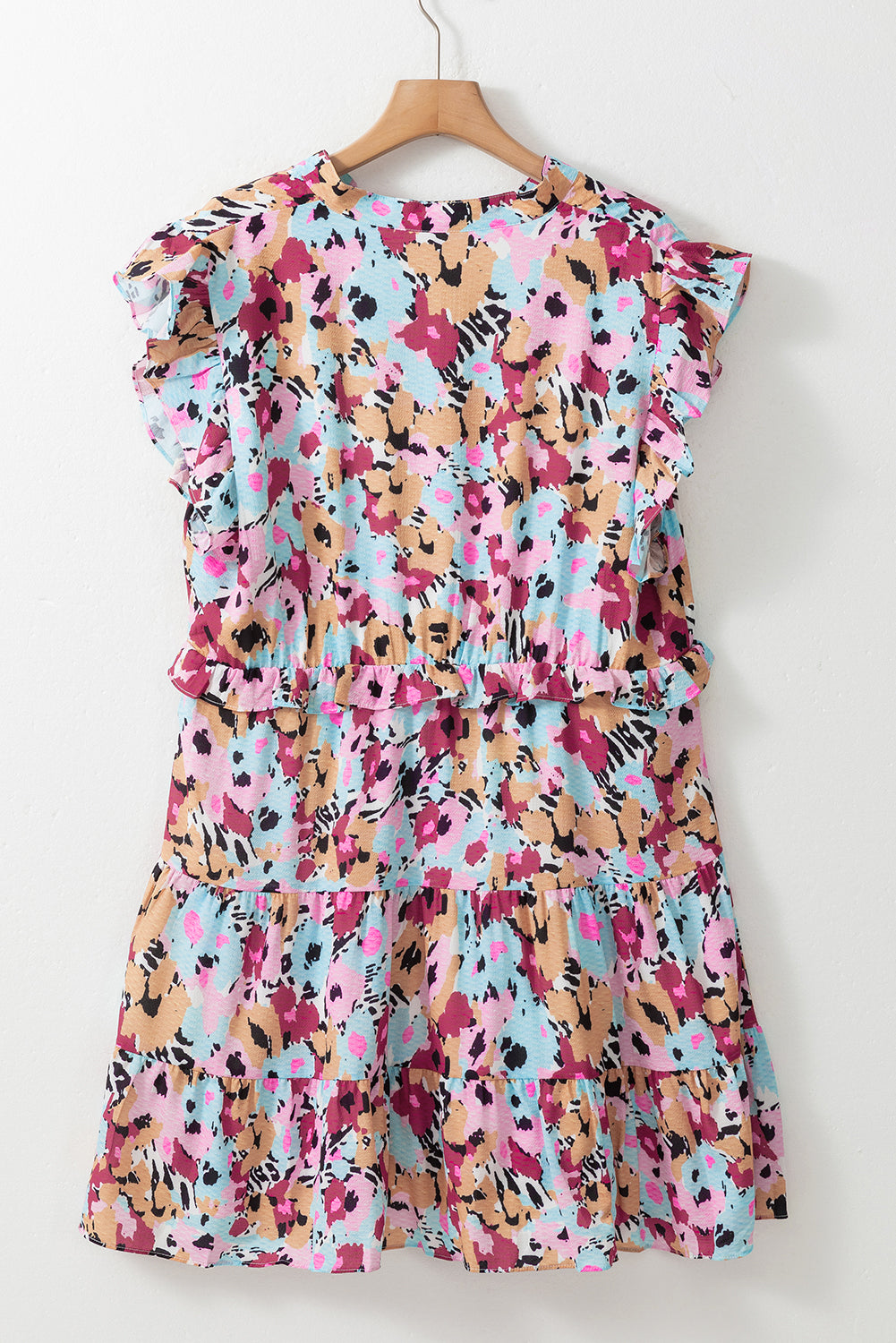 Blue and Pink Floral Ruffled Cap Sleeve Plus Size Mini Dress