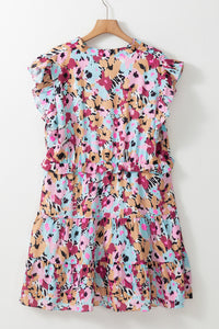 Blue and Pink Floral Ruffled Cap Sleeve Plus Size Mini Dress