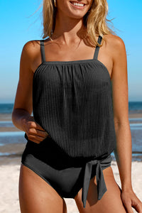 Sheer Striped Mesh Knotted Hem Built in Bra Tankini Swimsuit