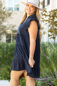 Navy Blue Collared V-Neck Flutter Sleeve Tiered Plus Size Dress