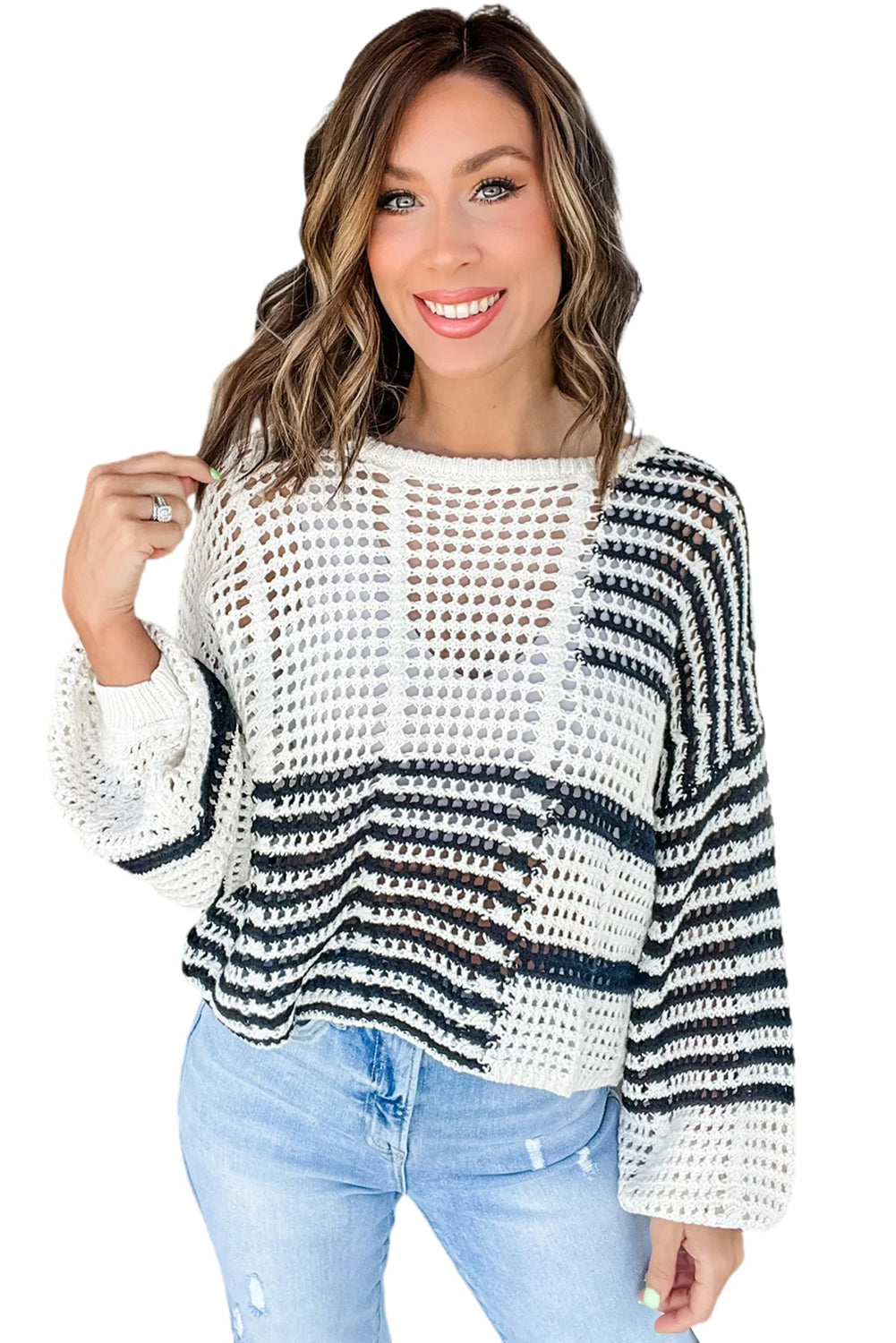 White Black Stripe Open Knit Puff Sleeve Sweater