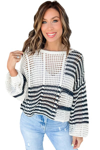 White Black Stripe Open Knit Puff Sleeve Sweater