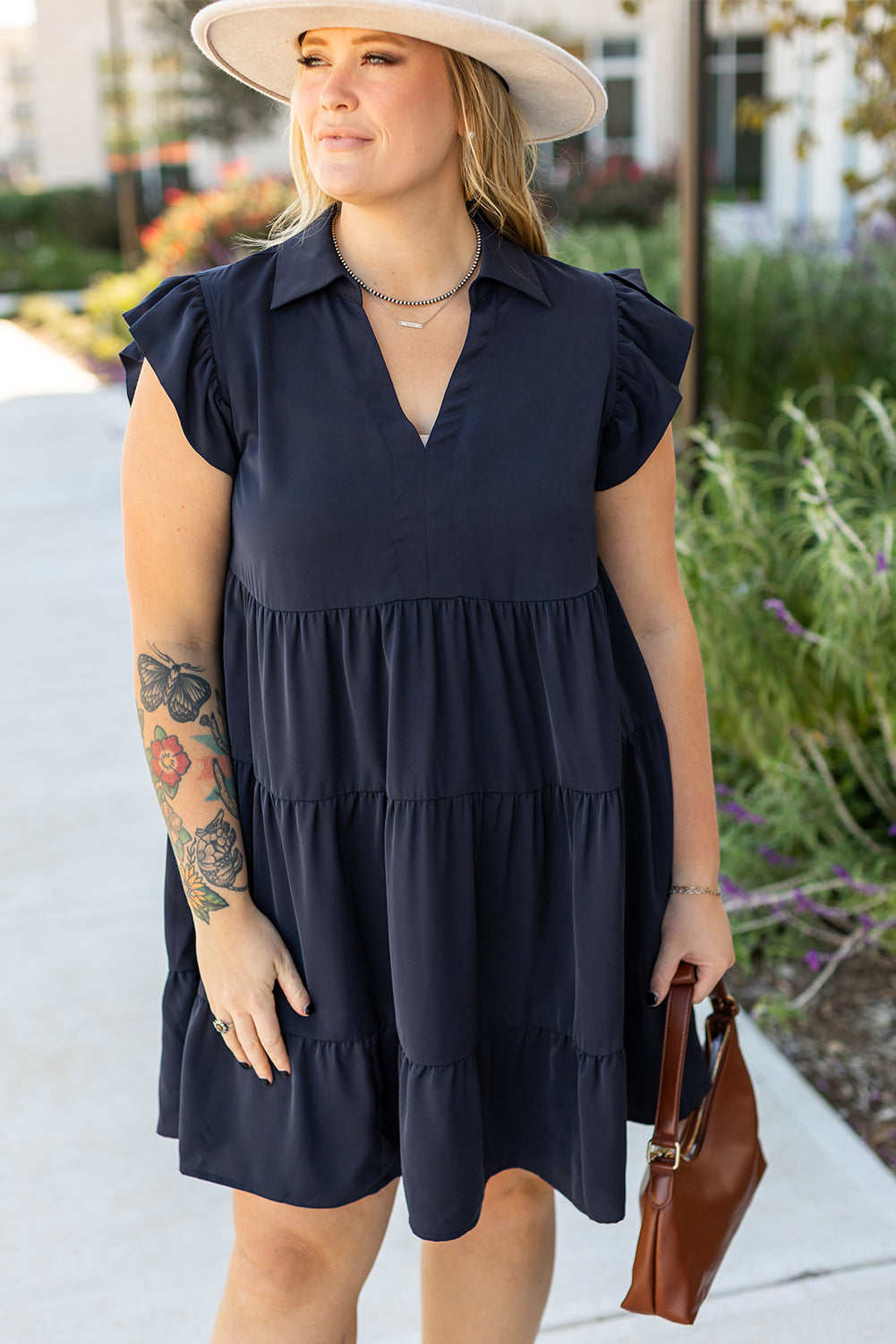 Navy Blue Collared V-Neck Flutter Sleeve Tiered Plus Size Dress