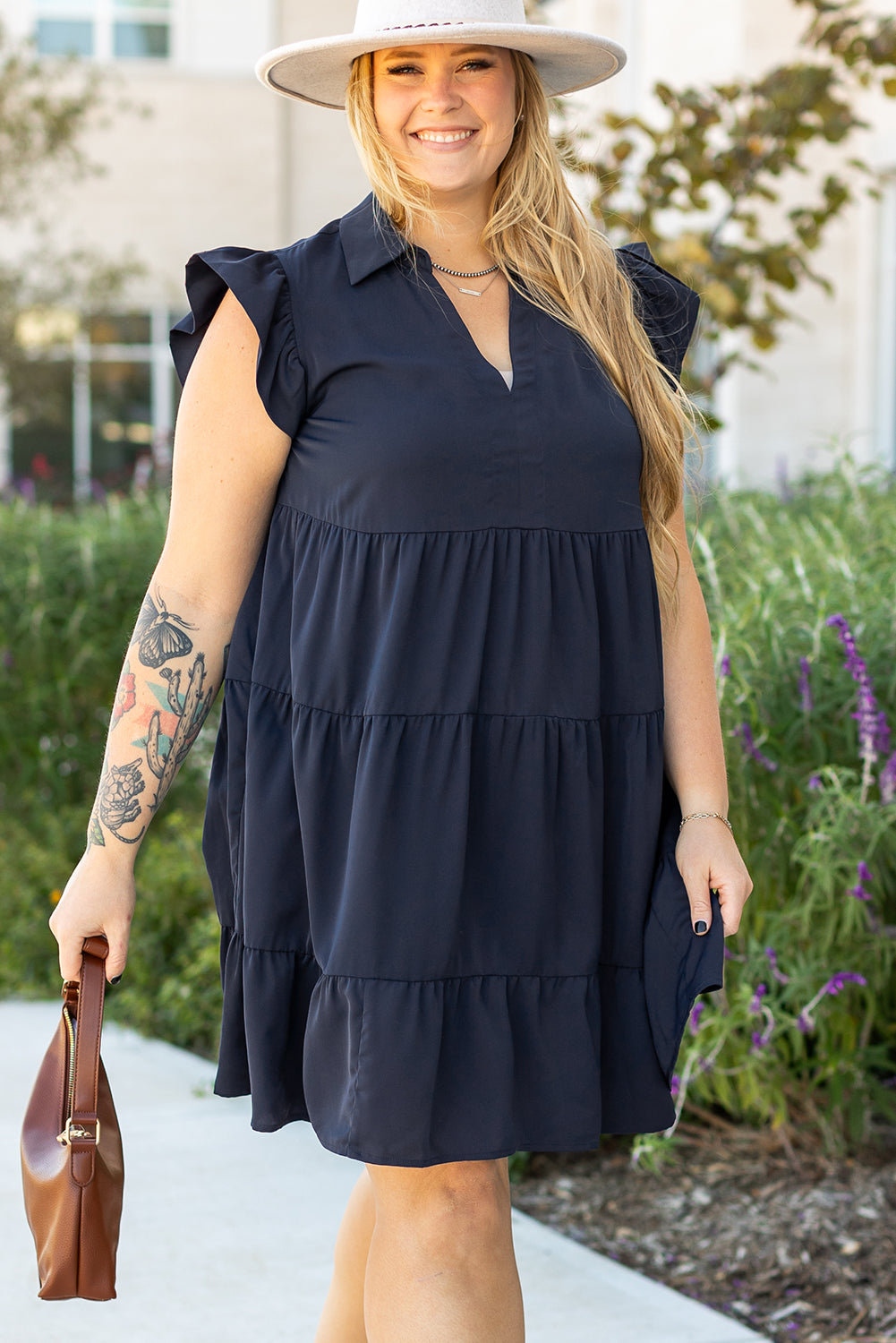 Navy Blue Collared V-Neck Flutter Sleeve Tiered Plus Size Dress