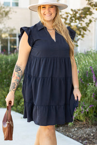 Navy Blue Collared V-Neck Flutter Sleeve Tiered Plus Size Dress