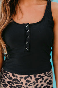 Solid Color Snap Neckline Top Printed Bottom Tankini