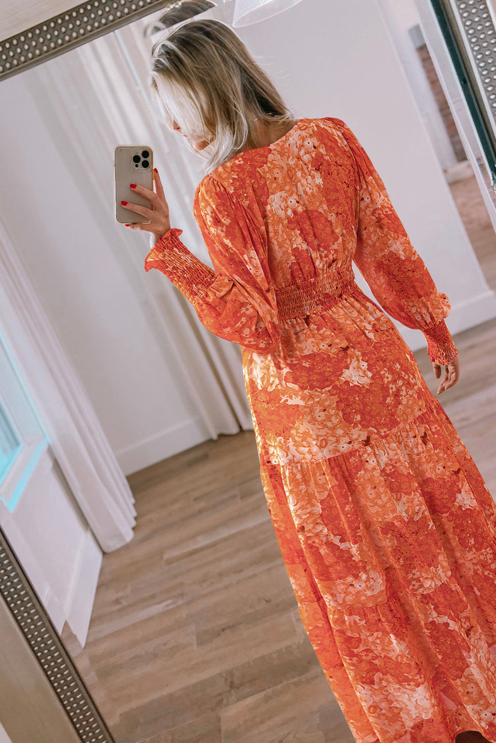 Orange Boho Floral Bishop Sleeve V-Neck Tiered Maxi Dress