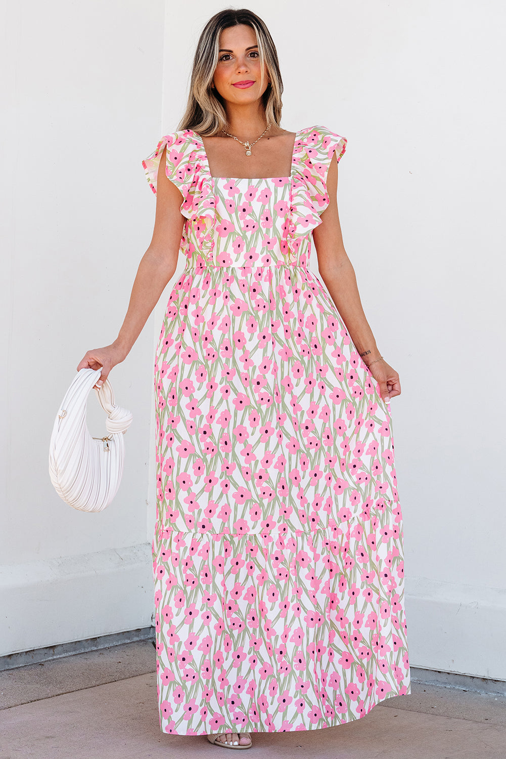 Pink Floral Print Square Neck Ruffled Maxi Sun Dress