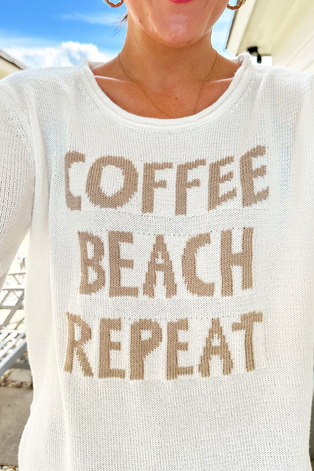 White COFFEE BEACH REPEAT Graphic Knit Sweater