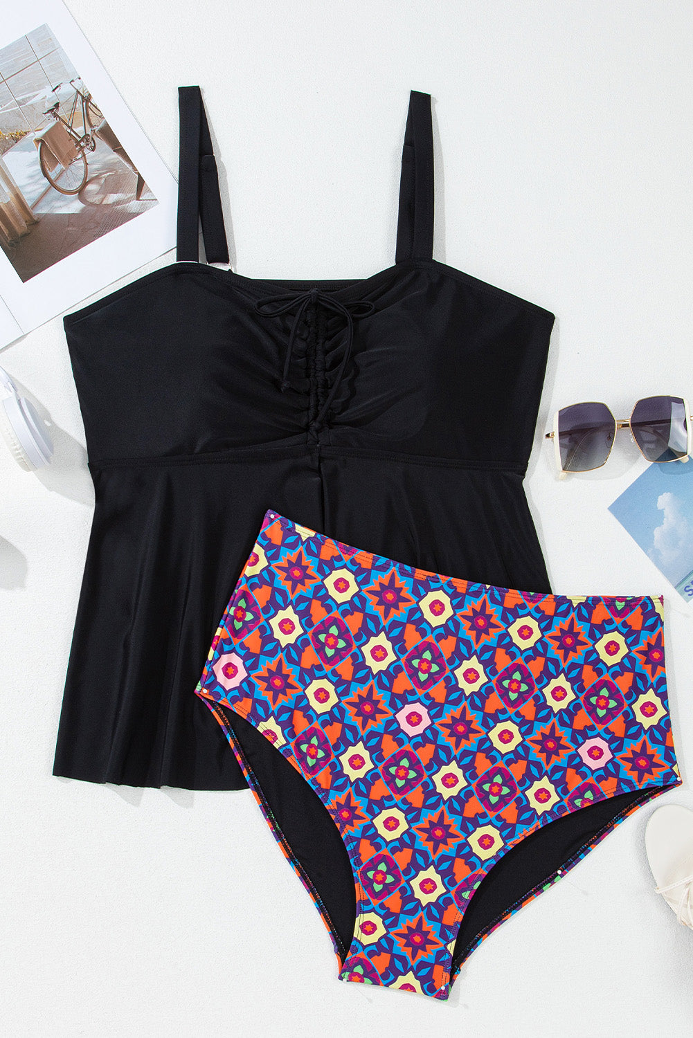 Plus Size Black Ruched Babydoll Tankini with Geometric Print Bottom 2-Pc. Swimsuit