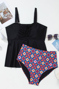 Plus Size Black Ruched Babydoll Tankini with Geometric Print Bottom 2-Pc. Swimsuit