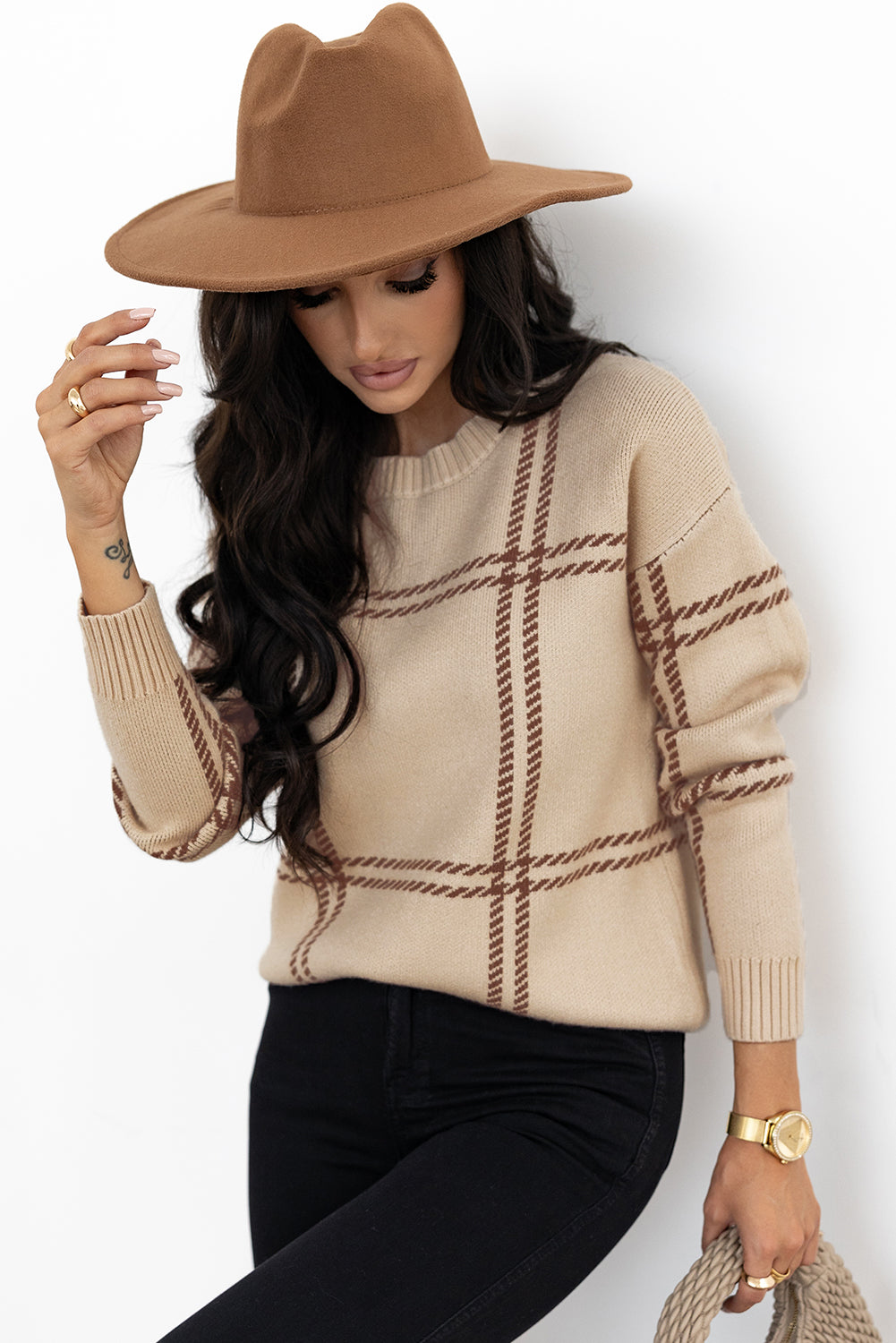 Beige Window Pane Plaid Drop Shoulder Knit Sweater