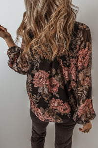 Black Floral Print Cross Over V-Neck Balloon Sleeve Blouse