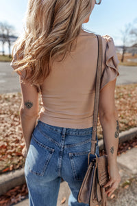 Light Brown Rib Knit Ruffled Cap Sleeve Slim Crop Top