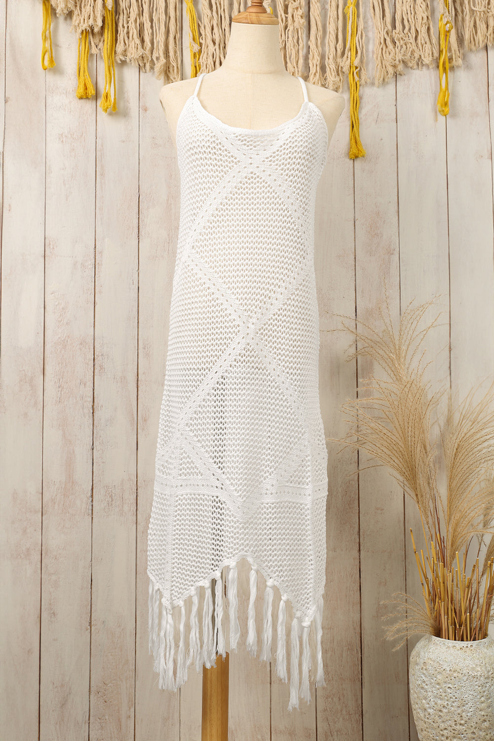 White Crochet Tasseled Hem Long Beach Cover Up