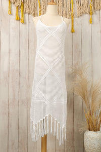 White Crochet Tasseled Hem Long Beach Cover Up