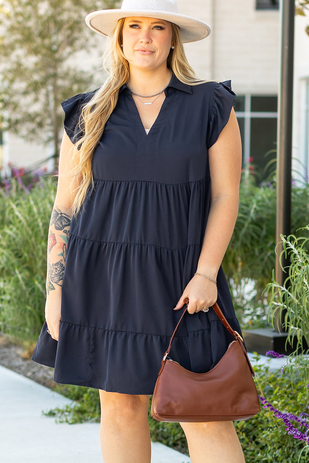 Navy Blue Collared V-Neck Flutter Sleeve Tiered Plus Size Dress