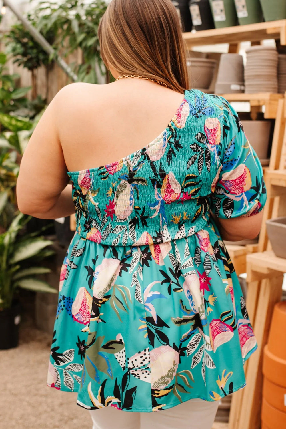 Tropical Teal Plus Size Smocked One Shoulder  Babydoll Blouse