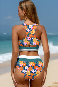 Teal Green Floral Print Racerback High Waist 2-Pc. Bikini
