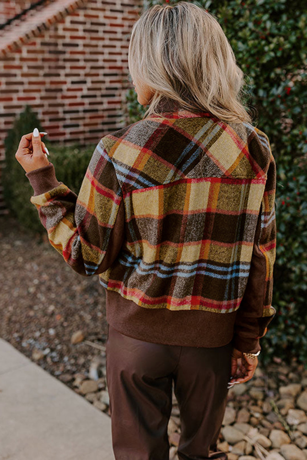 Brown Plaid Stand Up Collar Snap Jacket with Chest Pockets