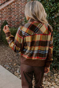 Brown Plaid Stand Up Collar Snap Jacket with Chest Pockets