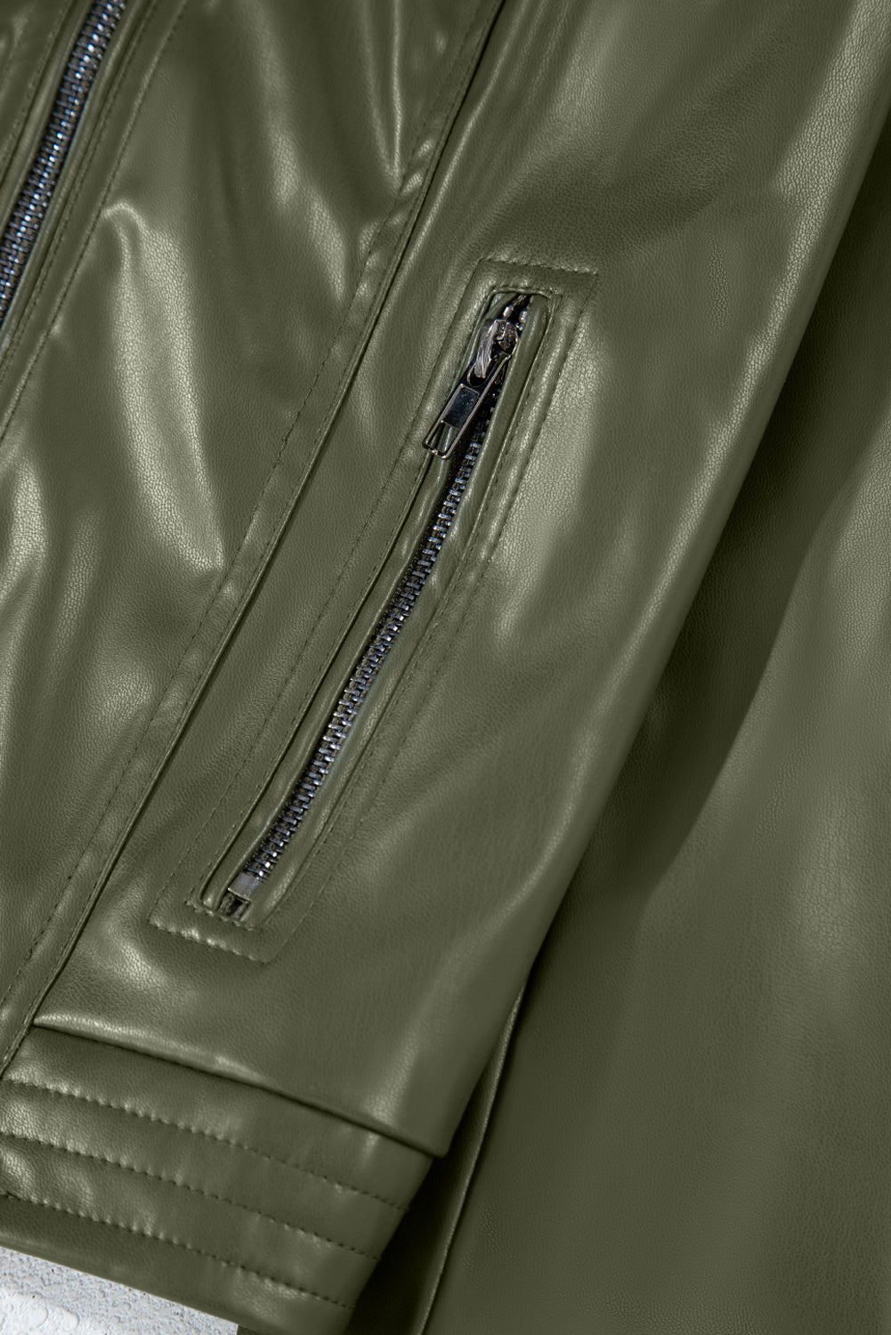 Olive Green Faux Leather Zip Up Slim Fit Bomber Jacket