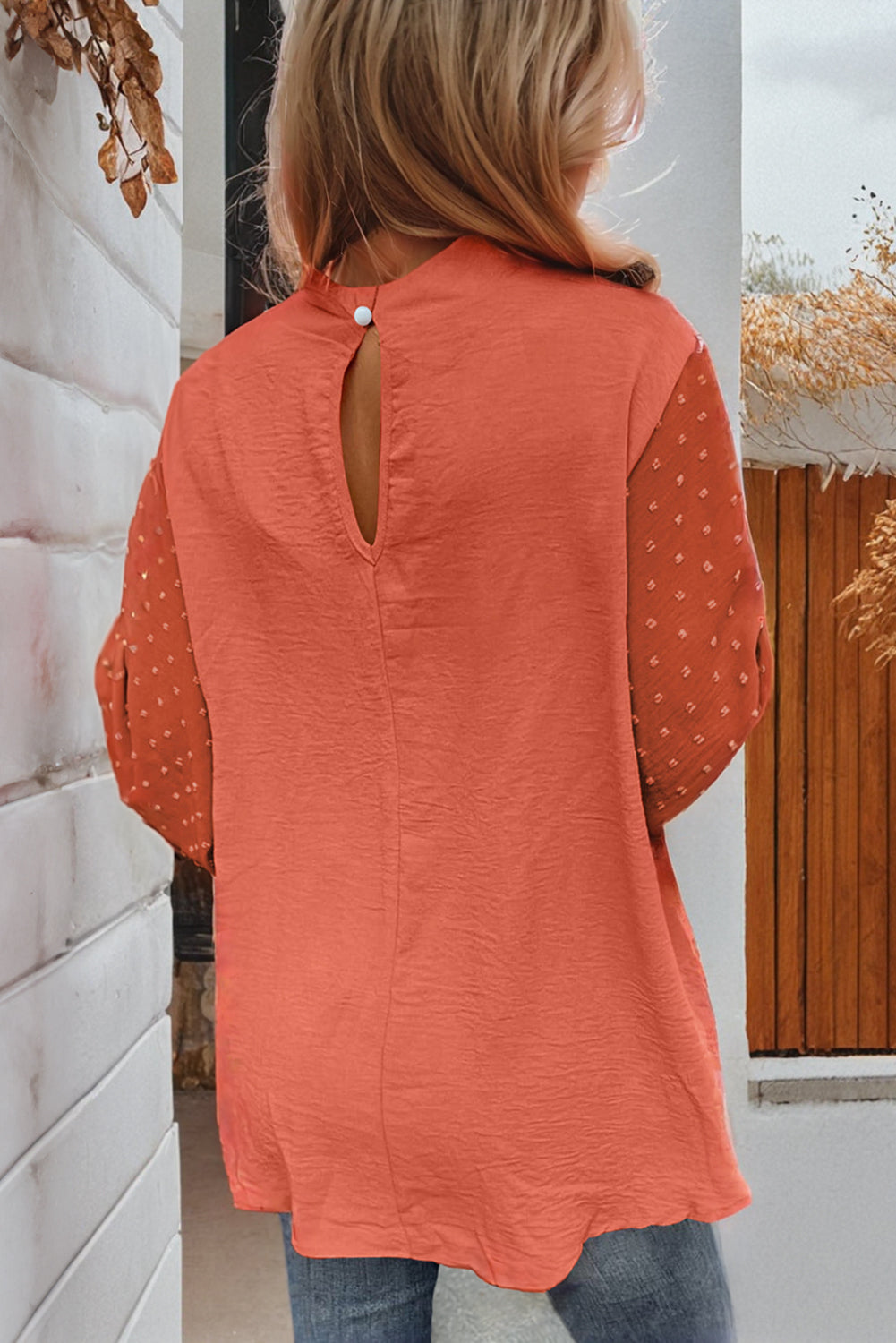 Russet Orange Swiss Dot Balloon Sleeve Mock Neck Blouse
