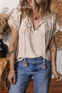 Light Sand Geometric Embroidered Short Dolman Sleeve Tassel Tied V-Neck Blouse