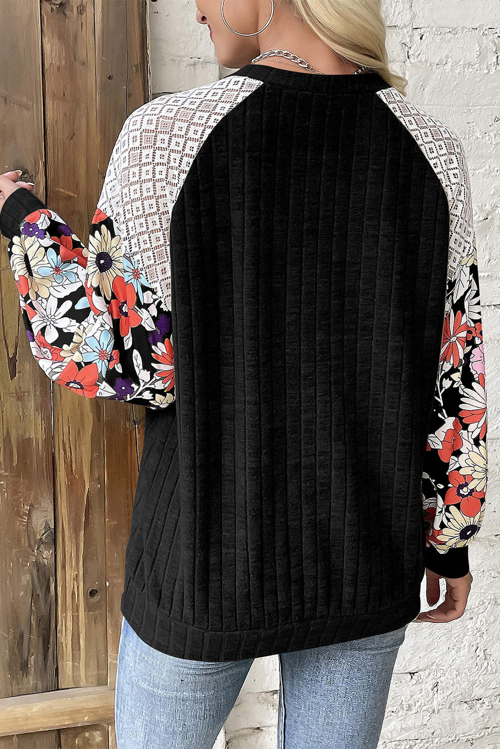 Black Floral Color Block Long Sleeve Textured Shirt