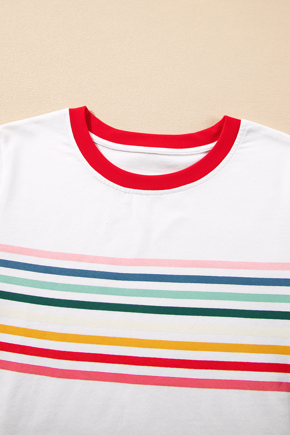 White Rainbow Stripe Graphic Red Trim Crew Neck T-Shirt