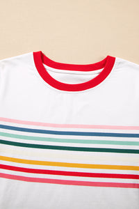 White Rainbow Stripe Graphic Red Trim Crew Neck T-Shirt