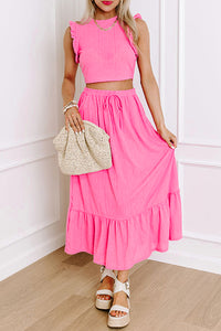 Pink Textured Ruffle Crop Top and Long Skirt Two Piece Set