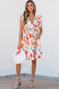 Orange Floral V-Neck High Waist Ruffle Cap Mini Dress