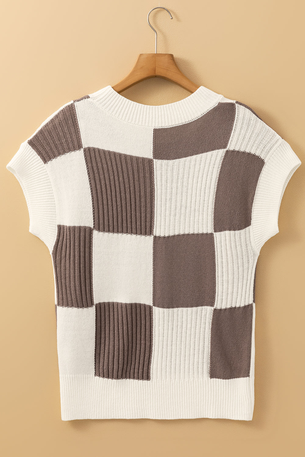 Light Brown Checkered Color Block Crew Neck Short Sleeve Sweater