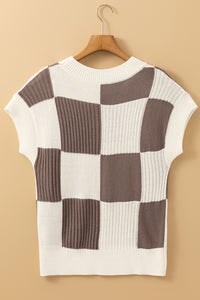 Light Brown Checkered Color Block Crew Neck Short Sleeve Sweater