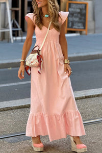 V-Neck Flutter Sleeve Smocked High Waist Ruffle Maxi Dress with Pockets