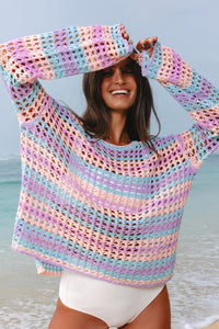 Summer Vibe Multi-Color Stripe Open Knit Sweater Beach Cover Up