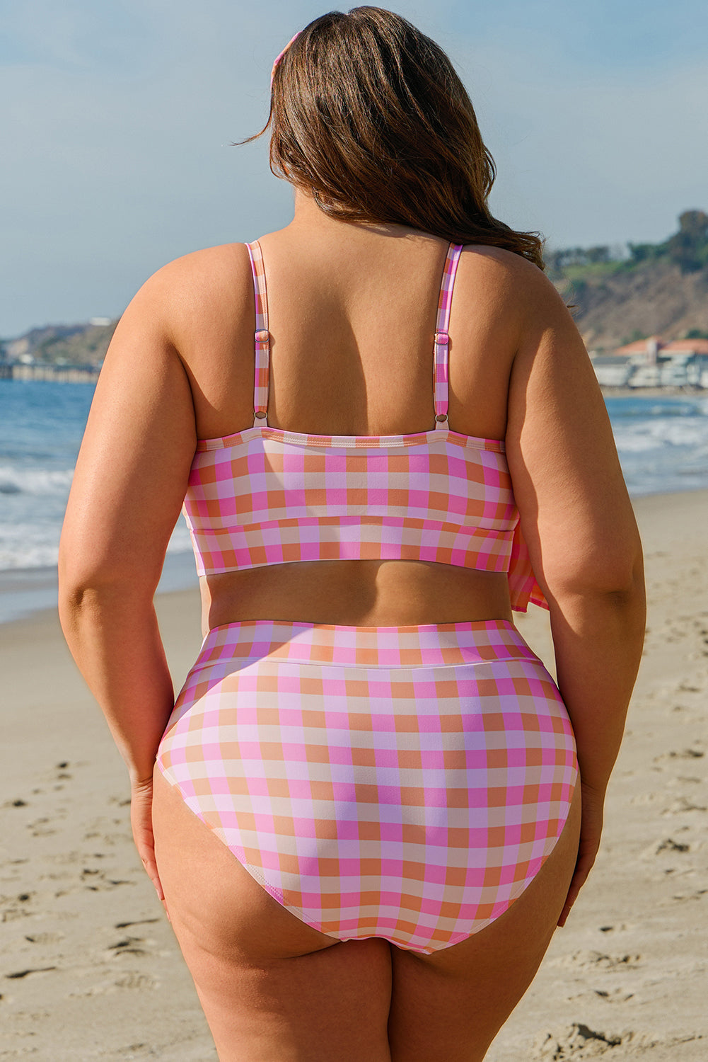 Pink Coral Plaid Plus Size High Waist Bottom Bikini Top with Sarong 3-Piece Set