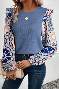 Medium Blue Ruffled Floral Sleeve Waffle Knit Round Neck Shirt