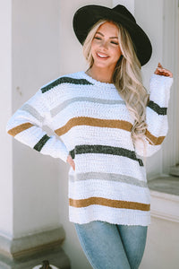 White with Blue & Tan Striped Popcorn Knit Sweater
