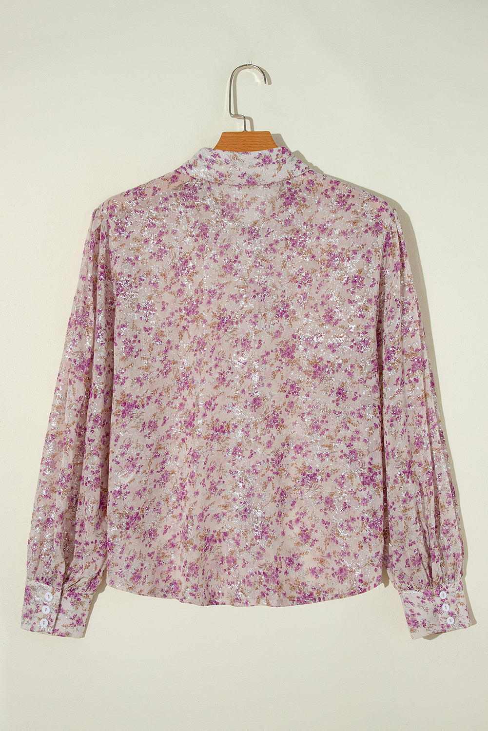 Pink Floral Silver Accent Print Bishop Sleeve Collared V-Neck Blouse