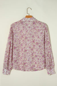 Pink Floral Silver Accent Print Bishop Sleeve Collared V-Neck Blouse