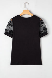 Black Floral Lace V-Neck Cut-out Short Sleeve Top