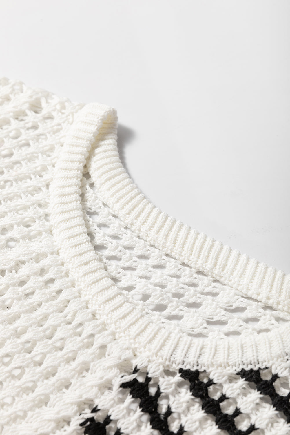 White Black Stripe Open Knit Puff Sleeve Sweater