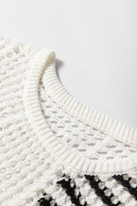 White Black Stripe Open Knit Puff Sleeve Sweater
