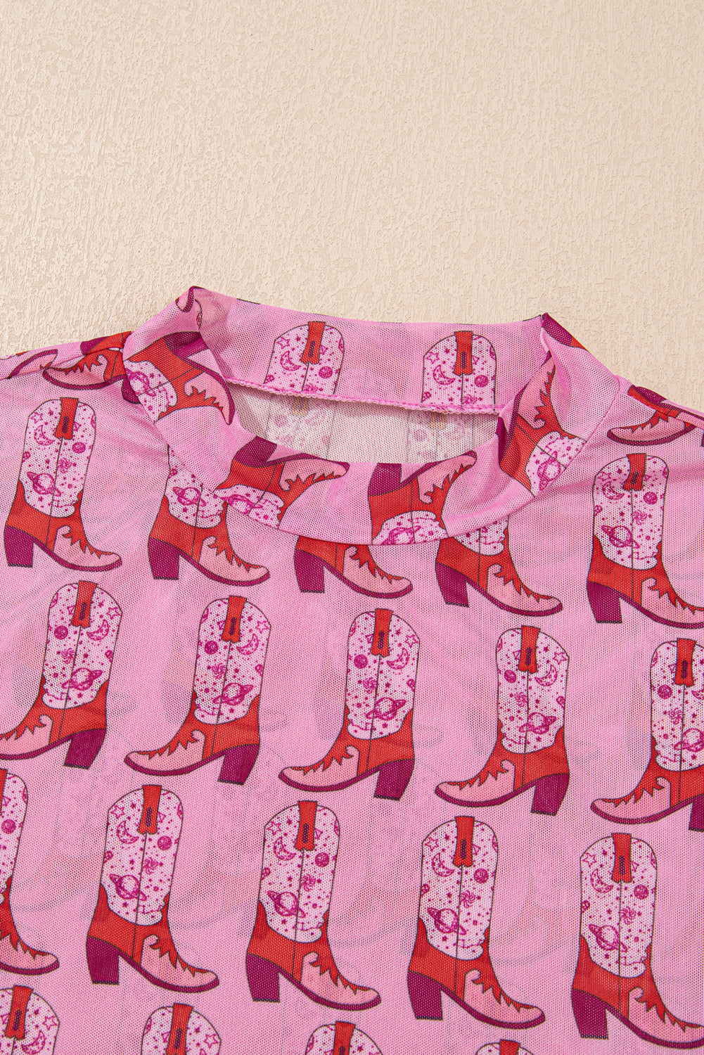Pink Cowgirl Boots Print Mock Neck Long Sleeve Mesh Top