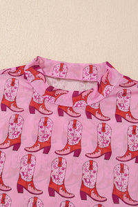 Pink Cowgirl Boots Print Mock Neck Long Sleeve Mesh Top