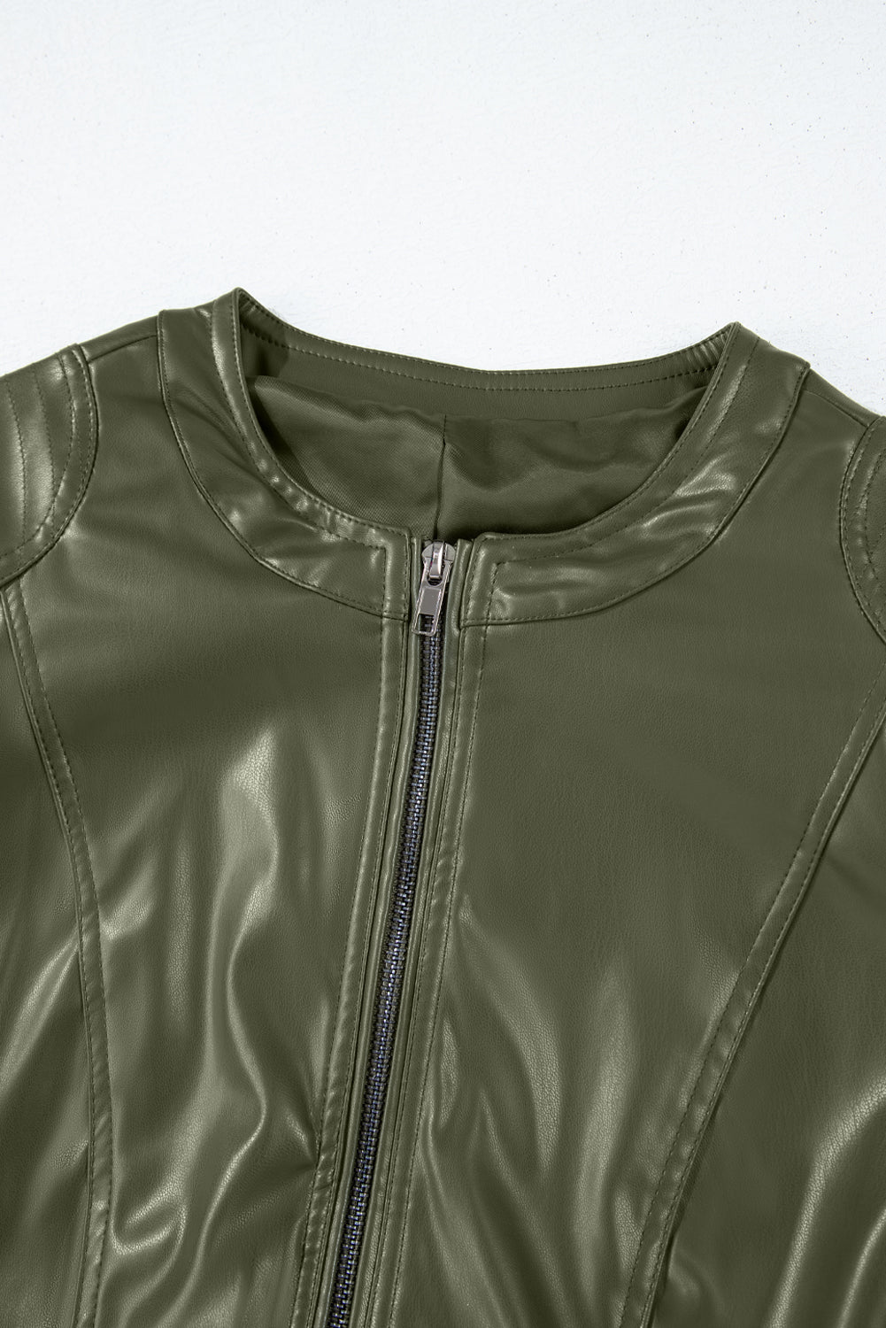 Olive Green Faux Leather Zip Up Slim Fit Bomber Jacket