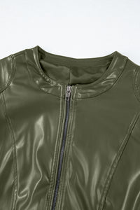 Olive Green Faux Leather Zip Up Slim Fit Bomber Jacket