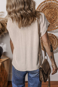Light Sand Geometric Embroidered Short Dolman Sleeve Tassel Tied V-Neck Blouse